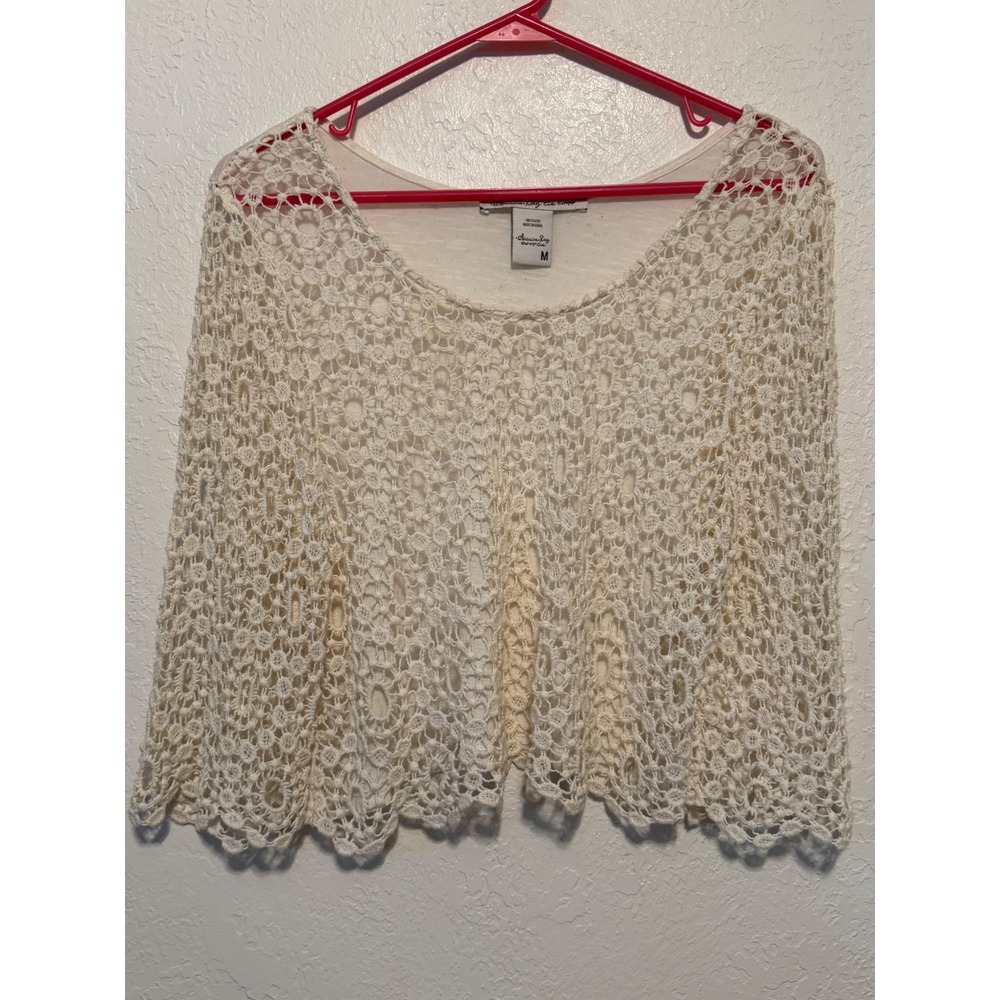 American Rag Cie Cream Crochet Lace Knit Long Sleeve Crop Top Size M Boho